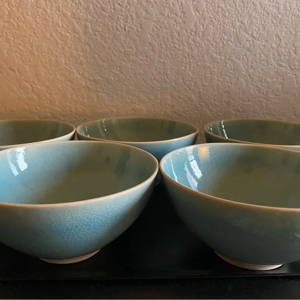5 West Elm Light Blue Organic Alta Reactive Crackle Finish Soup Cereal Bowls